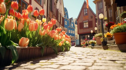 Bright tulips lining the picturesque streets of a charming European village