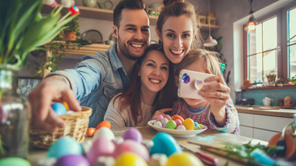 Happy family making selfie while painting Easter eggs