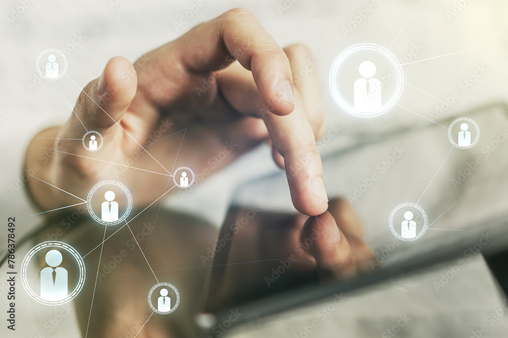 Poster double exposure of social network icons concept and hand working with a digital tablet on background