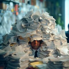 Illustration: Documents on the table are piled up so that only the employee's head is visible. ,hard work