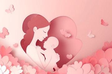Happy Mother's Day card template with paper cut mother and child silhouettes, pink heart shape background. Copy space concept for Happy Women’s day design template. Holiday greeting card or banner
