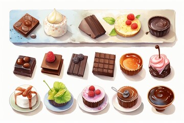 Create a watercolor painting of various international chocolate dishes in a cute, random style with detailed elements, 3D render, illustration, minimalist