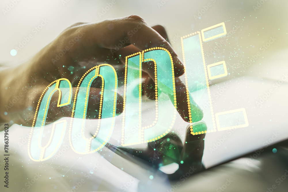 Aufkleber creative code word hologram and finger clicks on a digital tablet on background, artificial intellig