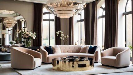 A sophisticated living room boasting high ceilings, a cascading waterfall feature, and plush velvet armchairs arranged around a mirrored coffee table