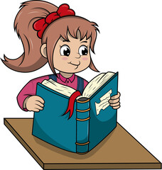 Niña adorable leyendo un libro, ilustracion estilo cartoon.