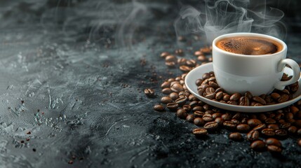 Morning coffee with aromatic beans in cup, smoke, plate, and ample space for text placement