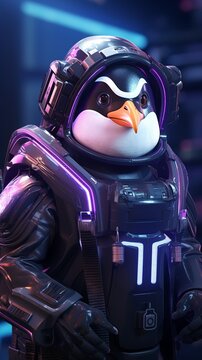 Penguin wielding a futuristic gadget, sci-fi setting, neon lights, eye level, tech wonder, 3D render, illustration, minimalist