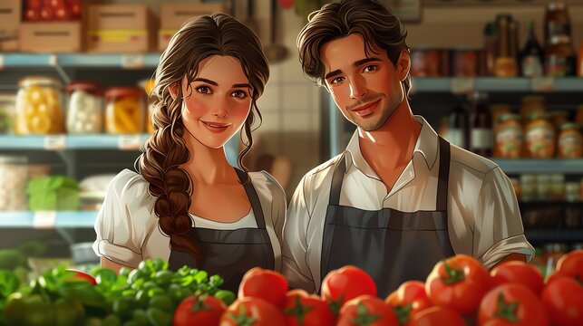 Animated couple engaging in a supermarket cooking demonstration, interactive and educational