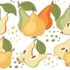 Seamless pattern with whole and halved pear green and yellow fruits vector illustration on white background