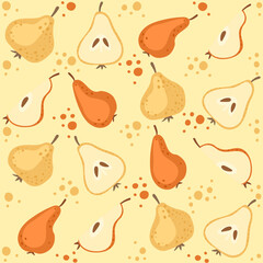 Seamless pattern with whole and halved pear green and yellow fruits vector illustration on yellow background