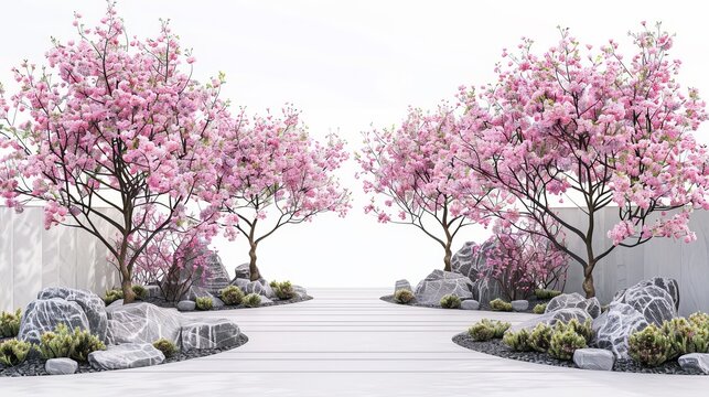 A white background with two pink trees in the foreground