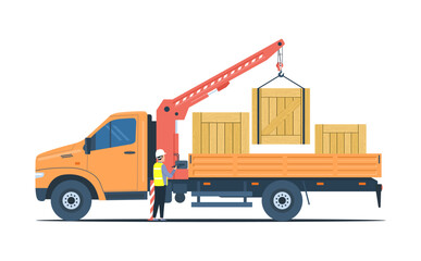 A worker unloads boxes from a truck using its mounted crane isolated. Vector illustration.