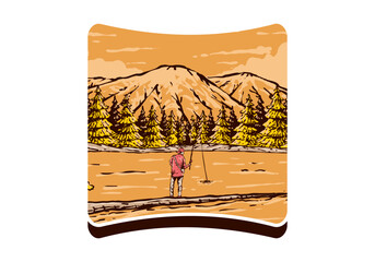 Vintage illustration of a man fishing on the lake with forest and mountain view