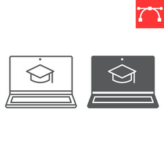 Distance learning line and glyph icon, e-learning and online education, studying with laptop vector icon, vector graphics, editable stroke outline sign, eps 10.