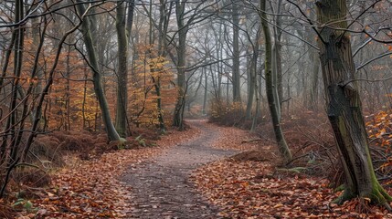 Obraz premium Autumnal scene in the woods A path meandering through leafless trees