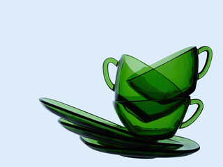 Green tea cups and saucers, stacked, on pale background. - 786380090