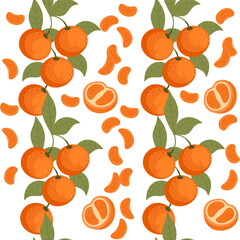 Seamless pattern of tasty tropic mandarin orange fruit citrus family with leaves vector illustration on white background