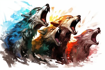 Abstract Colorful Illustration of a Pack of Howling Fenris Wolfes on a White Background