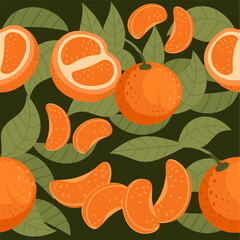 Seamless pattern of tasty tropic mandarin orange fruit citrus family with leaves vector illustration on green background