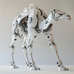 A robotic camel, resilient and enduring, engineered from intricate components, strides with purpose, its sensors mimicking camel behaviors convincingly 3D (Generative Ai)