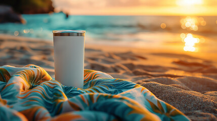 Design a product mockup with a tall drinking glass on top of a colorful beach towel. Packaging - obrazy, fototapety, plakaty