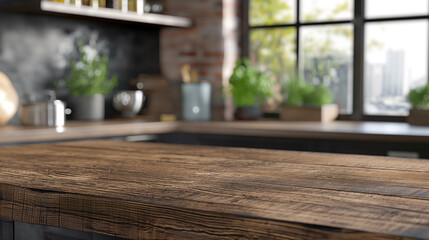 Fototapeta na wymiar Wooden Table in Rustic Kitchen: Interior Design Concept
