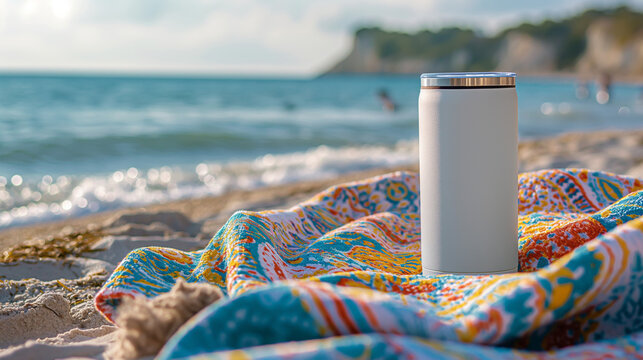 Design a product mockup with a tall drinking glass on top of a colorful beach towel. Packaging