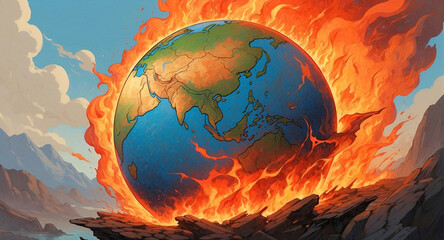 Dramatic illustration of Earth globe burning with flames. Climate change, global warming, apocalypse concept.