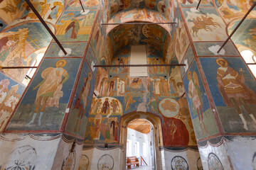The interior of the Cathedral of the Nativity of the Blessed Virgin Mary in the Ferapontov Monastery. Frescoes of Dionysius, 1502. The western wall. Russia, Vologda region, Ferapontovo