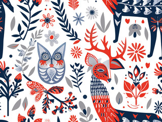 Forest animal and flower drawing Folk art seamless pattern. Scandinavian style. 