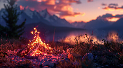 A campfire burns in a forest at dusk with mountains in the distance.

 - obrazy, fototapety, plakaty