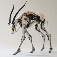 A robotic antelope, graceful and swift, crafted from advanced machinery, moves with elegance, its sensors replicating ungulate behaviors convincingly 3D (Generative Ai) - obrazy, fototapety, plakaty