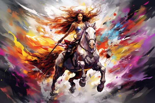 Abstract Colorful Illustration of a Valkyrie on a Horse on a Colorful Background