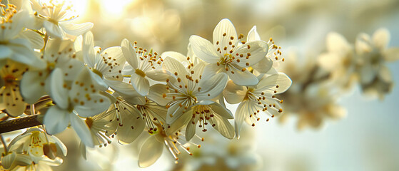 Springtime Blossoming of Cherry Trees, Close-Up of Delicate White Flowers Against a Sunny Blue Sky