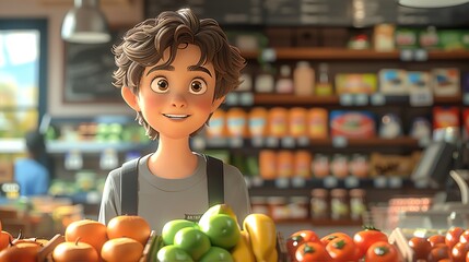 Fototapeta premium Cartoon teenager working as a supermarket bagger, learning responsibility, realistic work environment