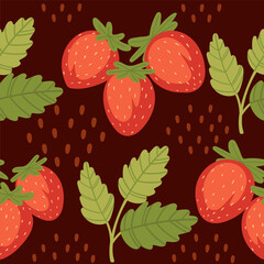 Red tasty wild strawberry on green stem with leaves vector illustration on brown background