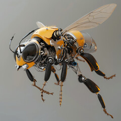 A robotic bee, small and agile, constructed from precise mechanisms, moves with buzzing energy, its sensors replicating insect behaviors accurately 3D (Generative Ai)