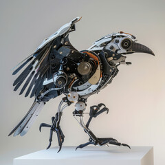 A robotic bird mimics avian features, crafted from mechanical components, capable of flight or perching, serving various functions(Generative Ai)