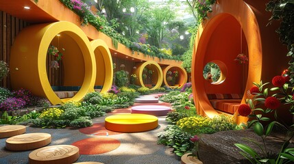 Children s play area brightened with playful 3D rendered animalshaped topiaries - obrazy, fototapety, plakaty