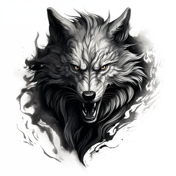 Black and White Illustration of a Fenris Wolf on a White Background