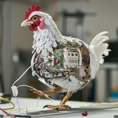 A robotic chicken, compact and precise, engineered from intricate components, pecks with purpose, its sensors mimicking poultry behaviors convincingly 3D (Generative Ai)