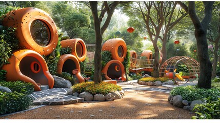 Children s play area brightened with playful 3D rendered animalshaped topiaries - obrazy, fototapety, plakaty