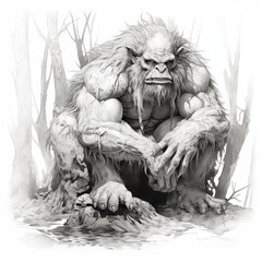 Black and White Illustration of a Troll on a White Background