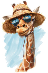 Giraffe in Straw Hat and Sunglasses isolated. Animal for design Print