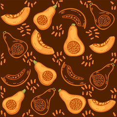 Seamless pattern of orange pumpkin seasonal vegetable vector illustration on brown background
