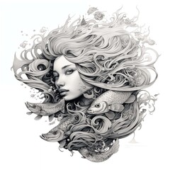 Fototapeta premium Black and White Headshot Illustration of a Nix on a White Background