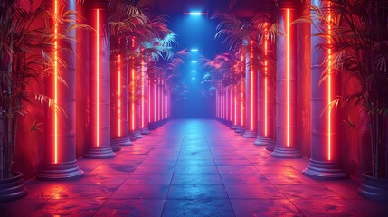 Cinema foyer decorated with 3D rendered neonlit bamboo, modern and flashy