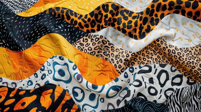 Abstract fabric collage design featuring wave and line patterns with leopard snake and tiger prints