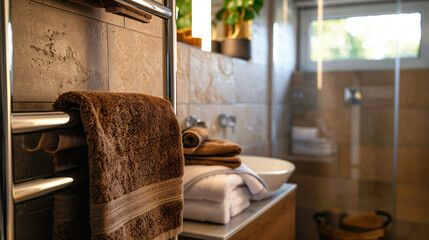 Heated towel rail with brown towels in bathroom