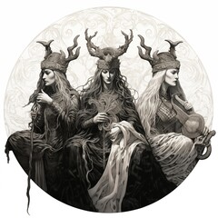 Black and White Illustration of the Norns on a White Background